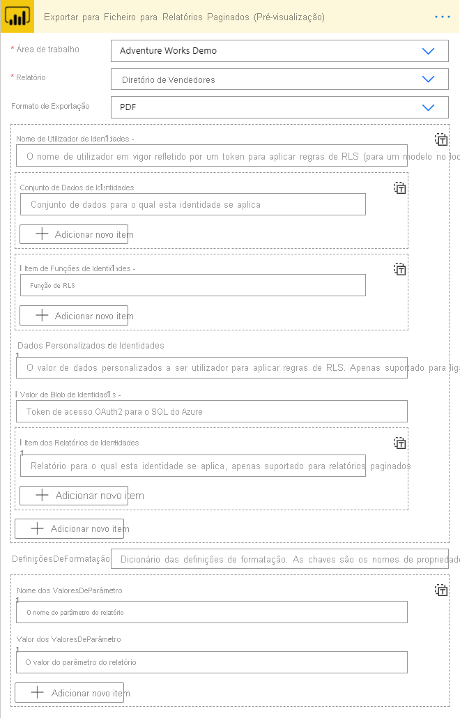 Selecione o espaço de trabalho e o relatório.