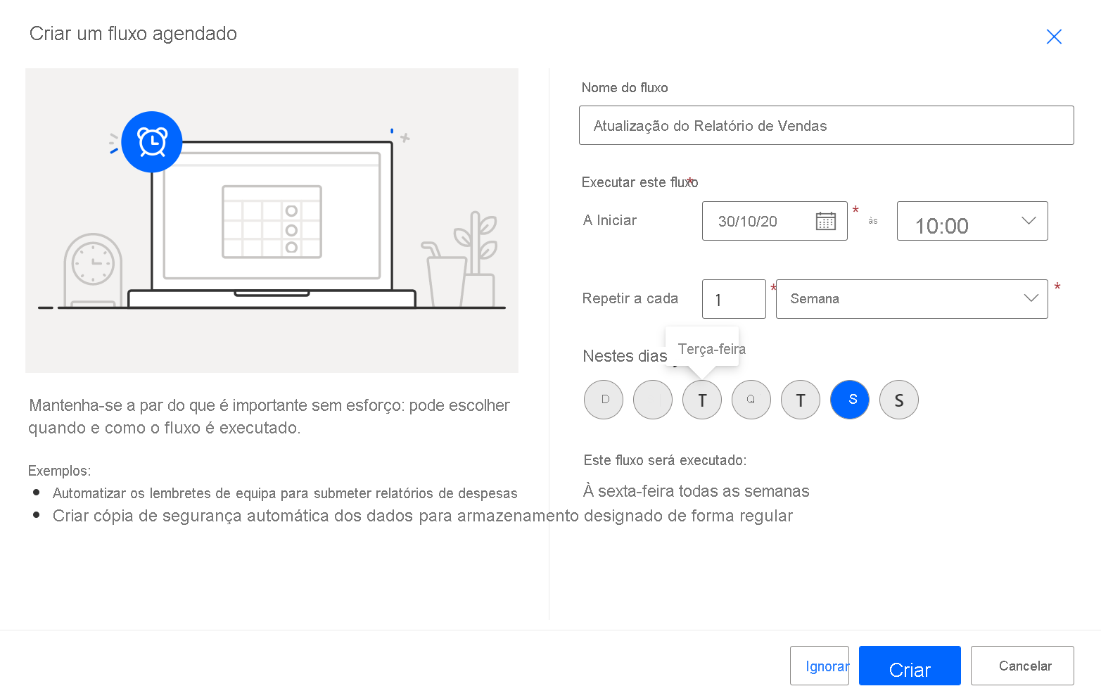 Captura de tela mostrando a caixa de diálogo Criar um fluxo de nuvem agendado.