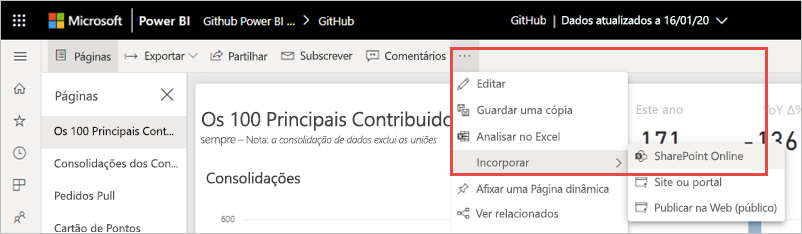 Captura de ecrã a mostrar o menu Mais opções com o SharePoint Online realçado.