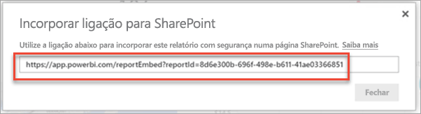 Captura de tela da caixa de diálogo Incorporar link com o link de relatório realçado.