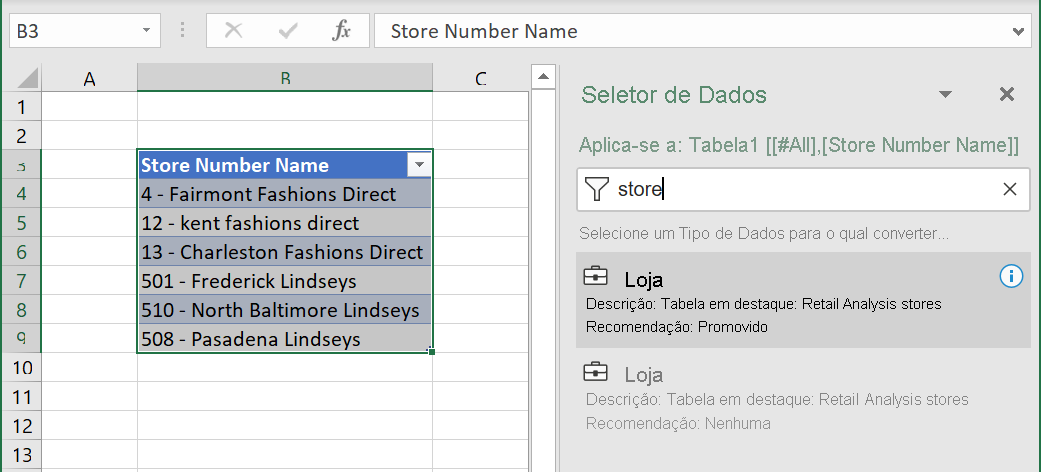 Screenshot of Excel Organizational Data, Suppliers data type table.