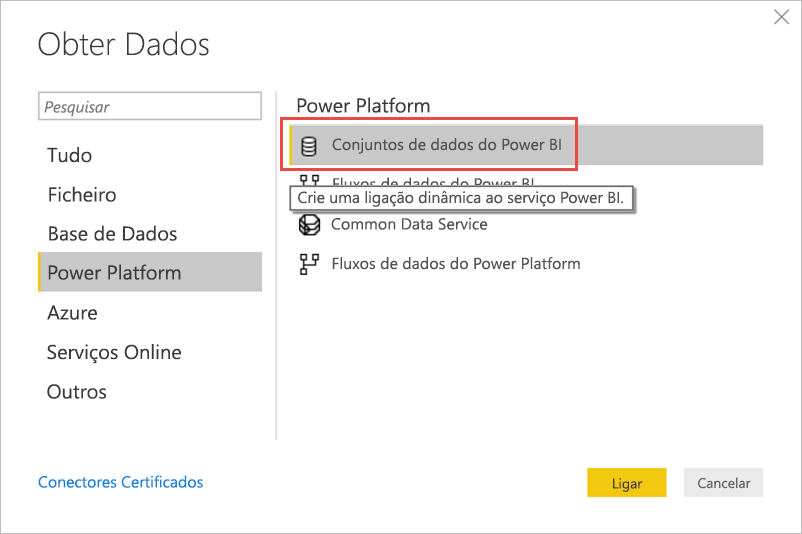 Captura de ecrã a mostrar a obtenção de dados de modelos semânticos do Power BI.