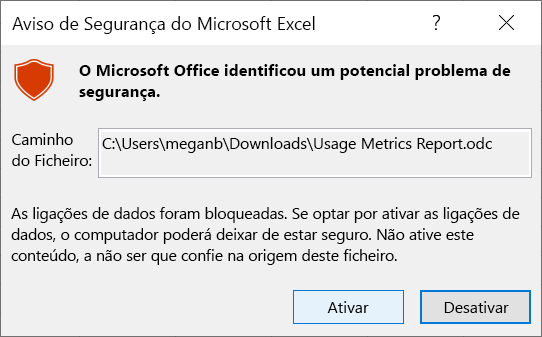 Captura de ecrã do aviso de segurança do Excel.