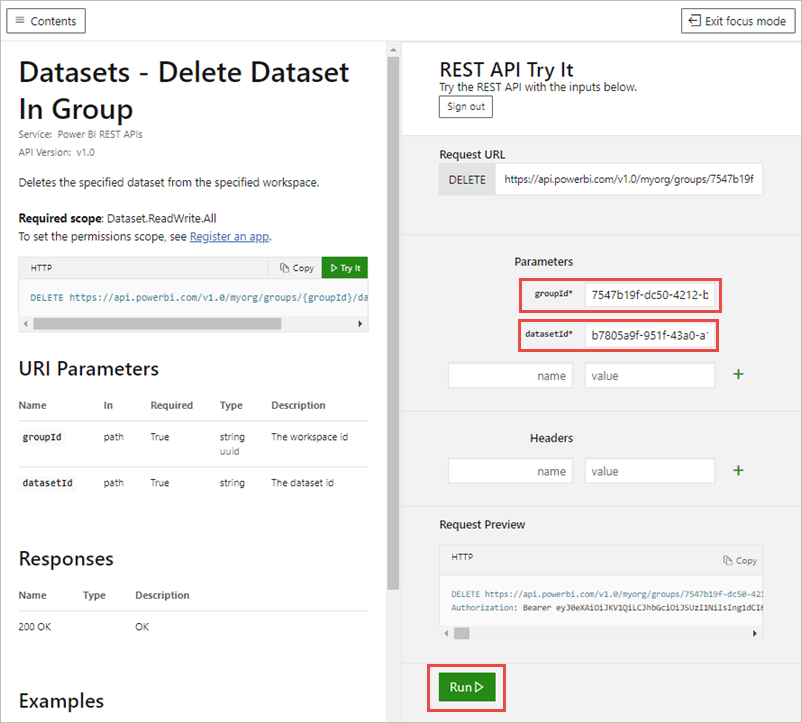 Captura de ecrã a mostrar Experimentar a API REST.