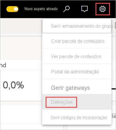 Captura de ecrã a mostrar a navegação para o menu Definições.