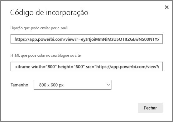Captura de ecrã da caixa de diálogo Incorporar código.