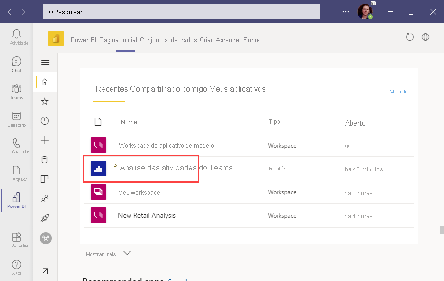 Captura de ecrã a mostrar a visualização do relatório na secção Recentes.