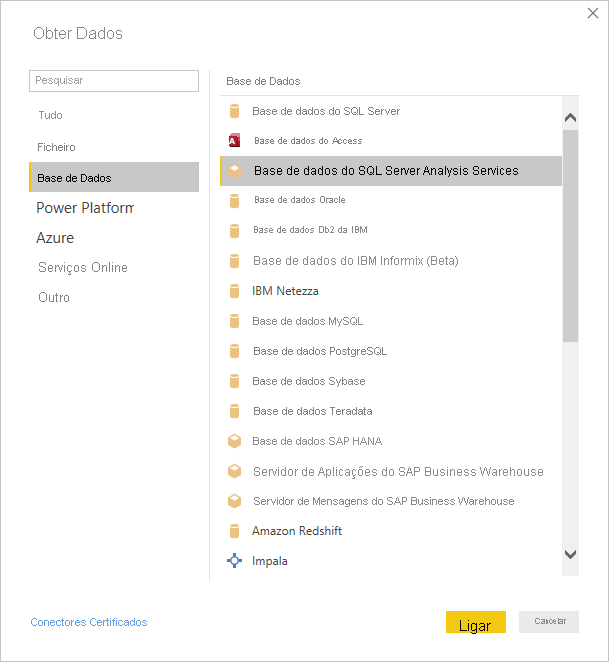 A captura de tela mostra a caixa de diálogo Obter Dados com o banco de dados do SQL Server Analysis Services selecionado.