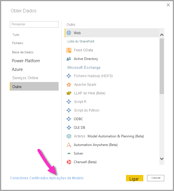 Captura de tela que mostra o link Aplicativos de modelo na caixa de diálogo Obter dados.