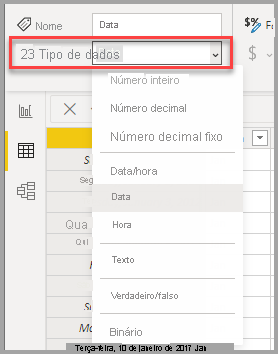 Captura de ecrã da Vista de Tabela, mostrando a seleção do menu pendente Tipo de Dados.