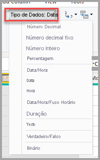 Captura de ecrã do Editor do Power Query, mostrando a lista pendente de Tipo de dados.