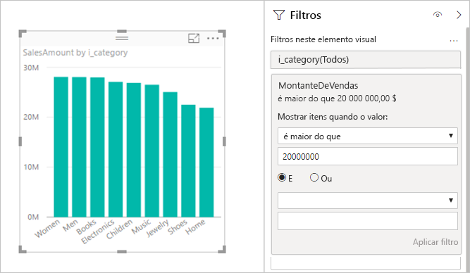 Captura de ecrã a mostrar medidas que contêm filtros