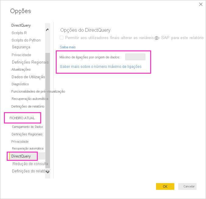Captura de tela que mostra a configuração do máximo de conexões DirectQuery.