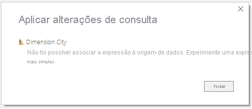 Screenshot of Apply query changes message: We couldn't fold the expression to the data source.