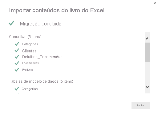 Screenshot that shows the Import Excel workbook contents summary page.