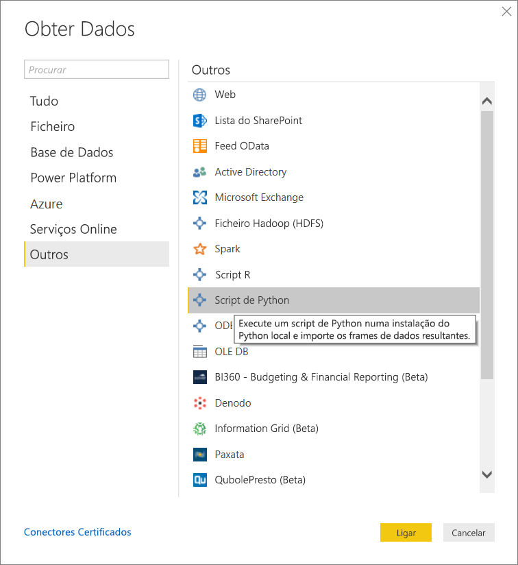 Captura de tela que mostra Obter dados com script Python selecionado.