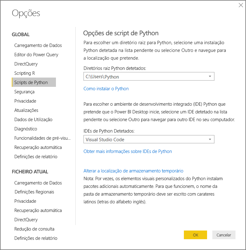 Captura de tela que mostra as opções de script Python para o Power BI Desktop.