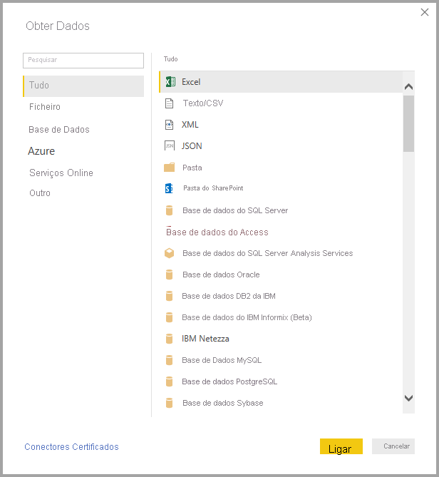 Screenshot shows the Get Data dialog with All and Excel selected.