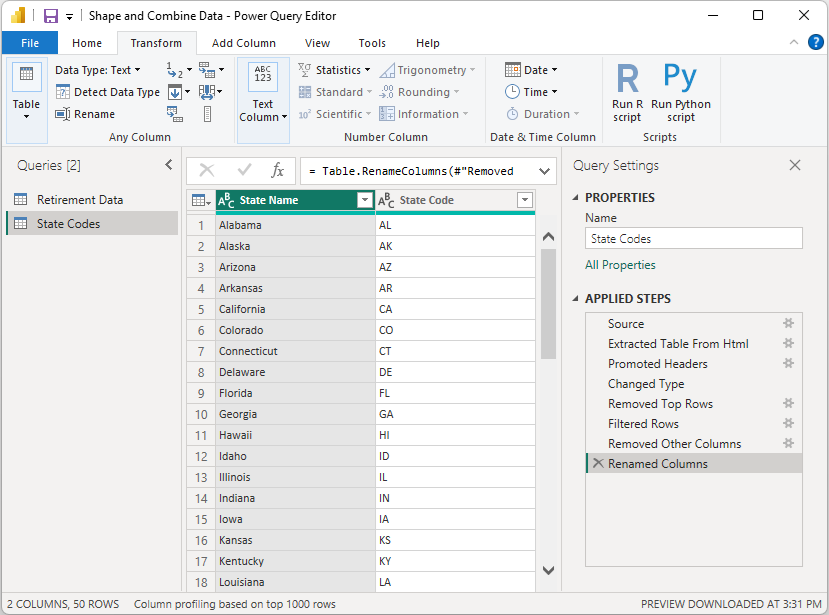 Captura de ecrã da janela do Editor do Power Query a mostrar os resultados da configuração de dados de origem de códigos de estado numa tabela.