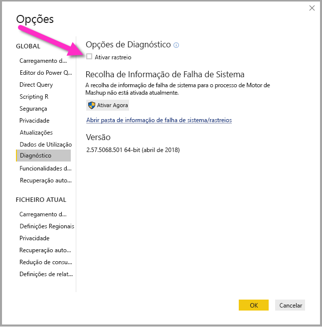 Screenshot shows the option to enable tracing in Power BI Desktop.