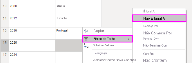 A captura de tela mostra um menu de contexto com Filtros de Texto e Não É Igual selecionados.