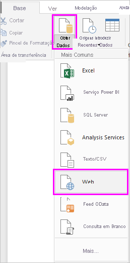 A captura de tela mostra a opção Obter dados na faixa de opções com a opção Web selecionada.