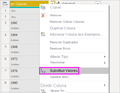 A captura de tela mostra uma coluna realçada com Substituir valores selecionado no menu de contexto.