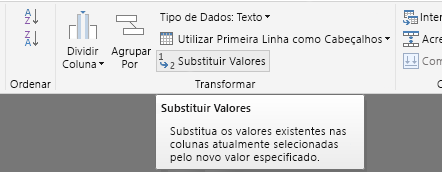 A captura de ecrã mostra uma coluna realçada com a opção Substituir Valores selecionada no friso.