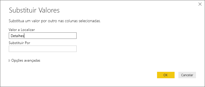 A captura de tela mostra a caixa de diálogo Substituir Valores, onde você pode alterar um valor em uma coluna.