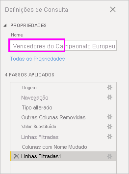 A captura de ecrã mostra as Definições de Consulta com o nome Vencedores da Euro Cup introduzido.