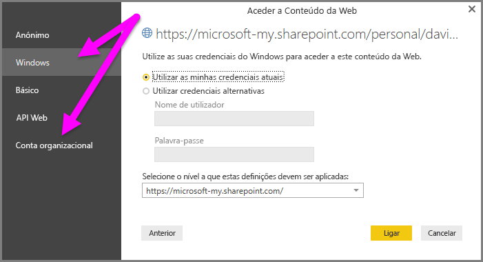 Captura de tela do prompt de credenciais do Power BI Desktop, mostrando a seleção de conta do Windows ou Organizacional.