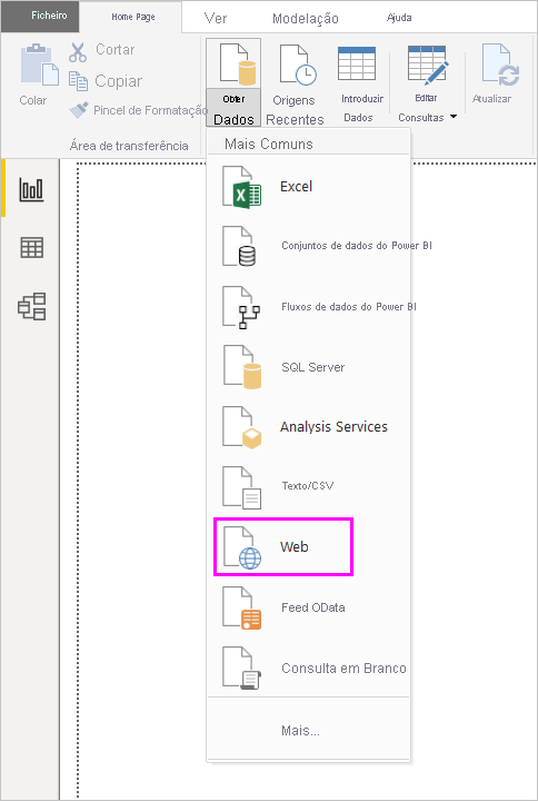 Screenshot of the Get Data ribbon in Power BI Desktop, showing the Web selection.