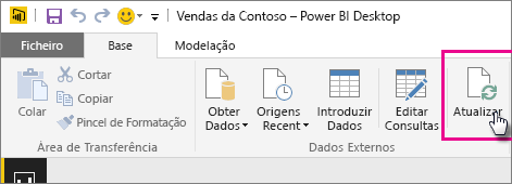 Captura de ecrã do friso Início no Ambiente de Trabalho Power B I, mostrando a seleção Atualizar.