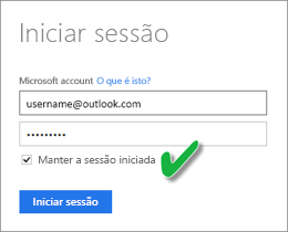 Captura de ecrã da caixa de diálogo Iniciar sessão, mostrando que a caixa Manter-me assinado, está marcada.