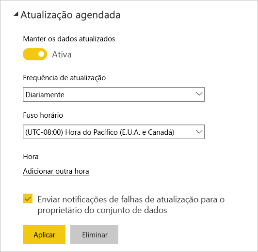 Captura de ecrã da caixa de diálogo Atualização agendada do serviço Power BI.