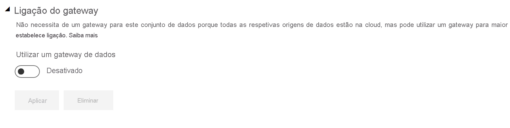 Captura de tela das configurações de conexão de gateway expandidas com a alternância definida como desativada.