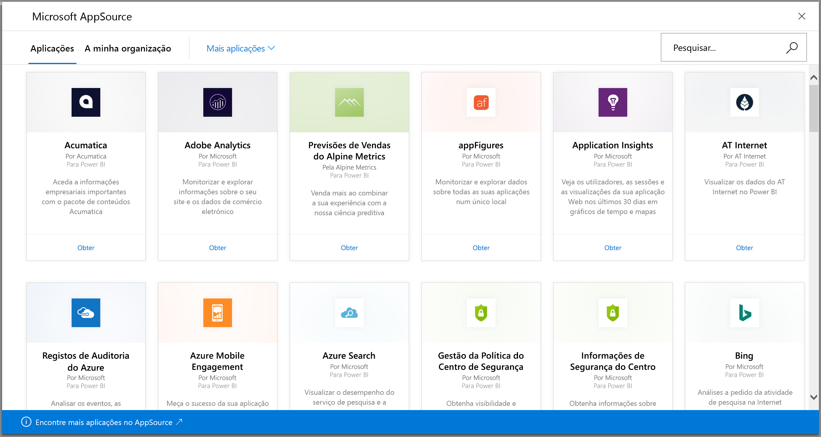 Screenshot shows Power BI apps that you can get.