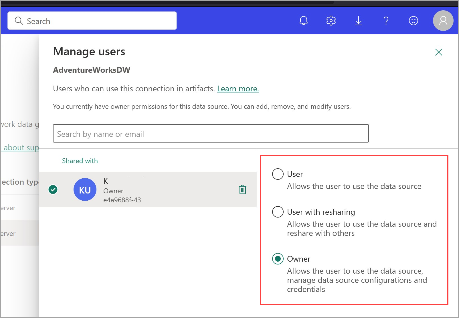 Captura de ecrã a mostrar a aplicação de permissão de utilizador a uma ligação à nuvem partilhável.