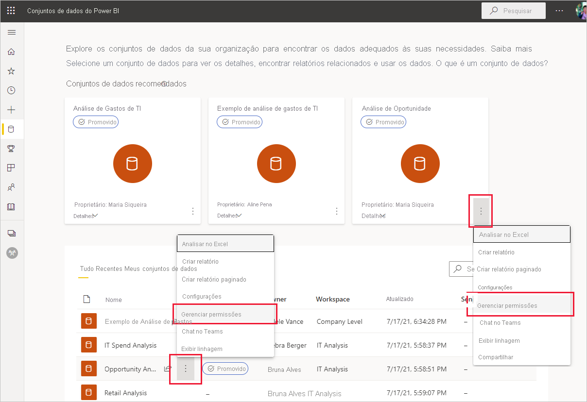 Captura de tela do comando de menu para abrir a página de permissões de gerenciamento de modelo semântico da lista de itens em um espaço de trabalho ou no hub de dados do OneLake.