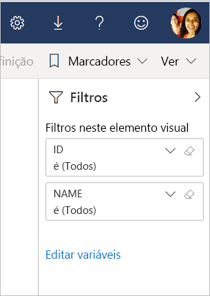 Captura de tela que mostra o link Editar variáveis no painel Filtro.
