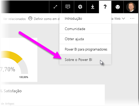 A captura de tela mostra o ponto de interrogação onde você pode determinar seu local de locatário do Power BI.