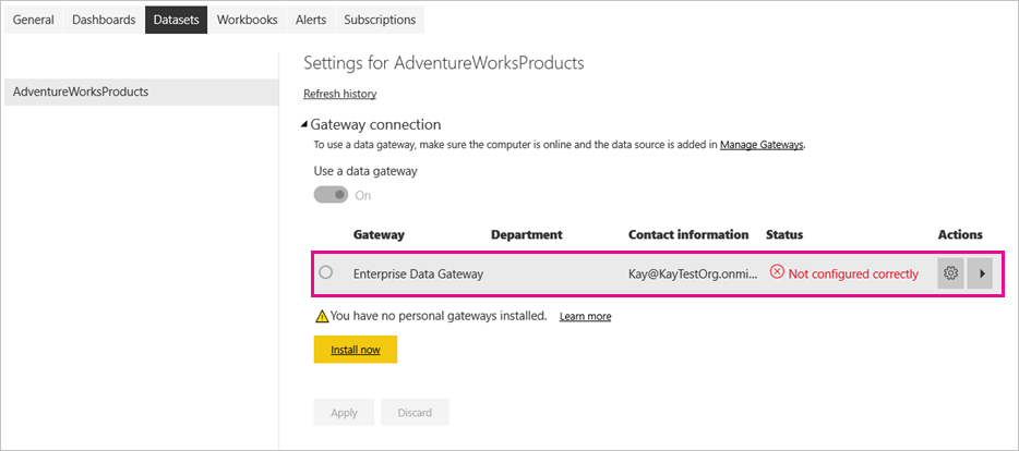 Captura de tela que mostra a conexão do Gateway em Configurações.