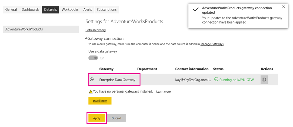 Captura de tela que mostra a aplicação da conexão de gateway.