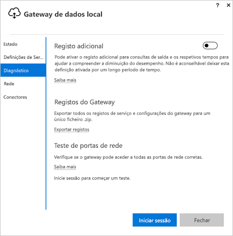 Aplicativo de gateway de dados local, com Diagnóstico realçado