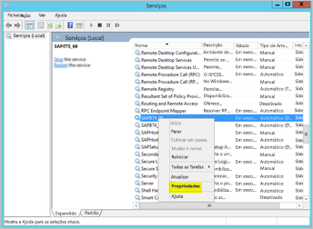 Captura de ecrã de Serviços, com Propriedades realçadas