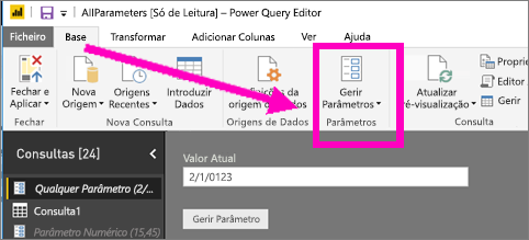 Screenshot of Power Query Editor Home tab showing Manage Parameters option in Power BI Desktop.