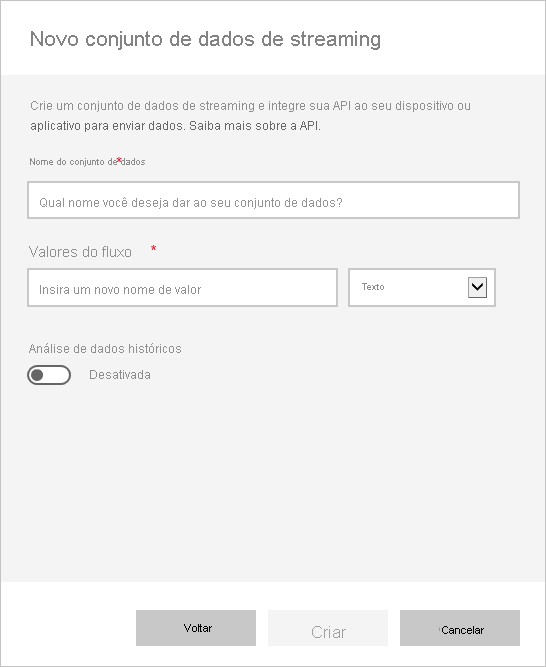 Captura de ecrã da caixa de diálogo Novo modelo semântico de streaming, mostrando as entradas da API REST do Power BI para uma ligação.