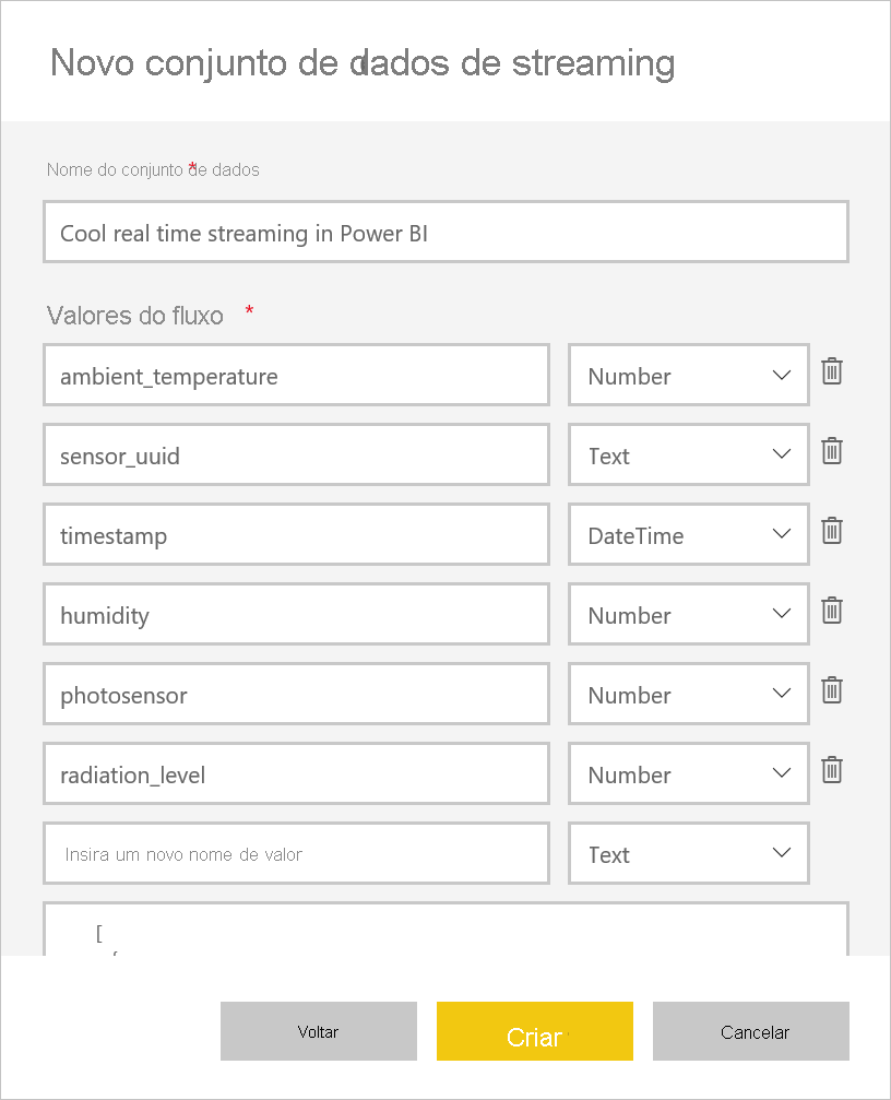 Captura de tela da caixa de diálogo Novo modelo semântico de streaming, mostrando os padrões para o nome do modelo semântico e Valores dos campos de fluxo.