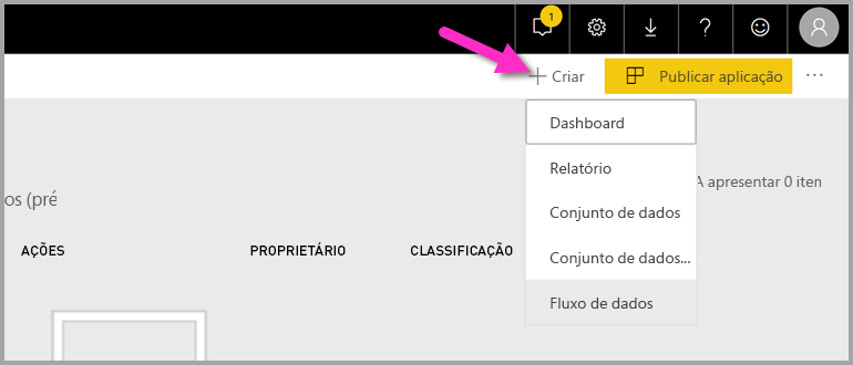 Screenshot shows the Power BI workspace with Create, then Dashboard, selected.