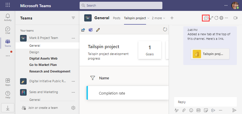 Abra a janela de chat no Teams para ver a publicação sobre o scorecard.